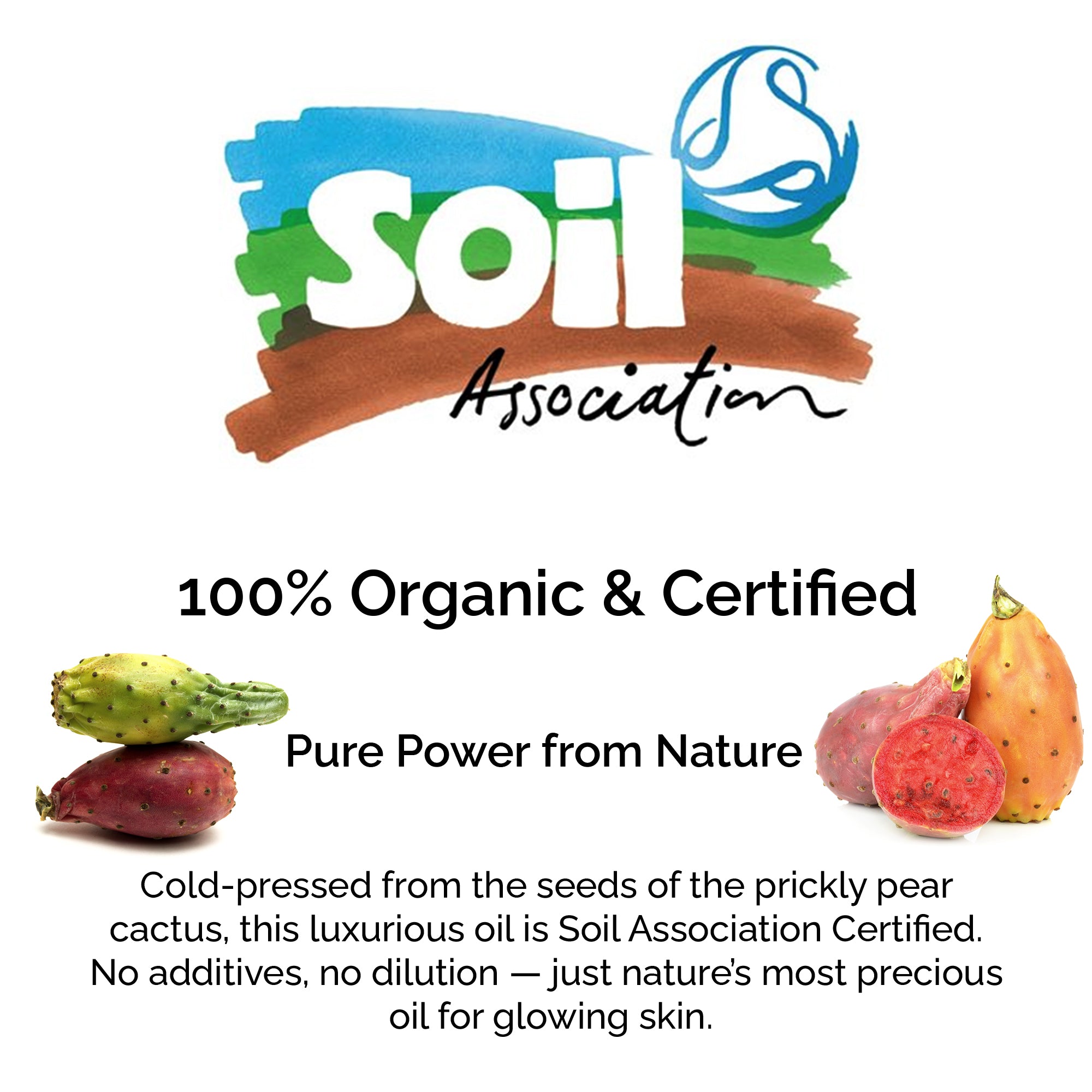 Soil Association logo with organic certification text and images of prickly pear cactus.