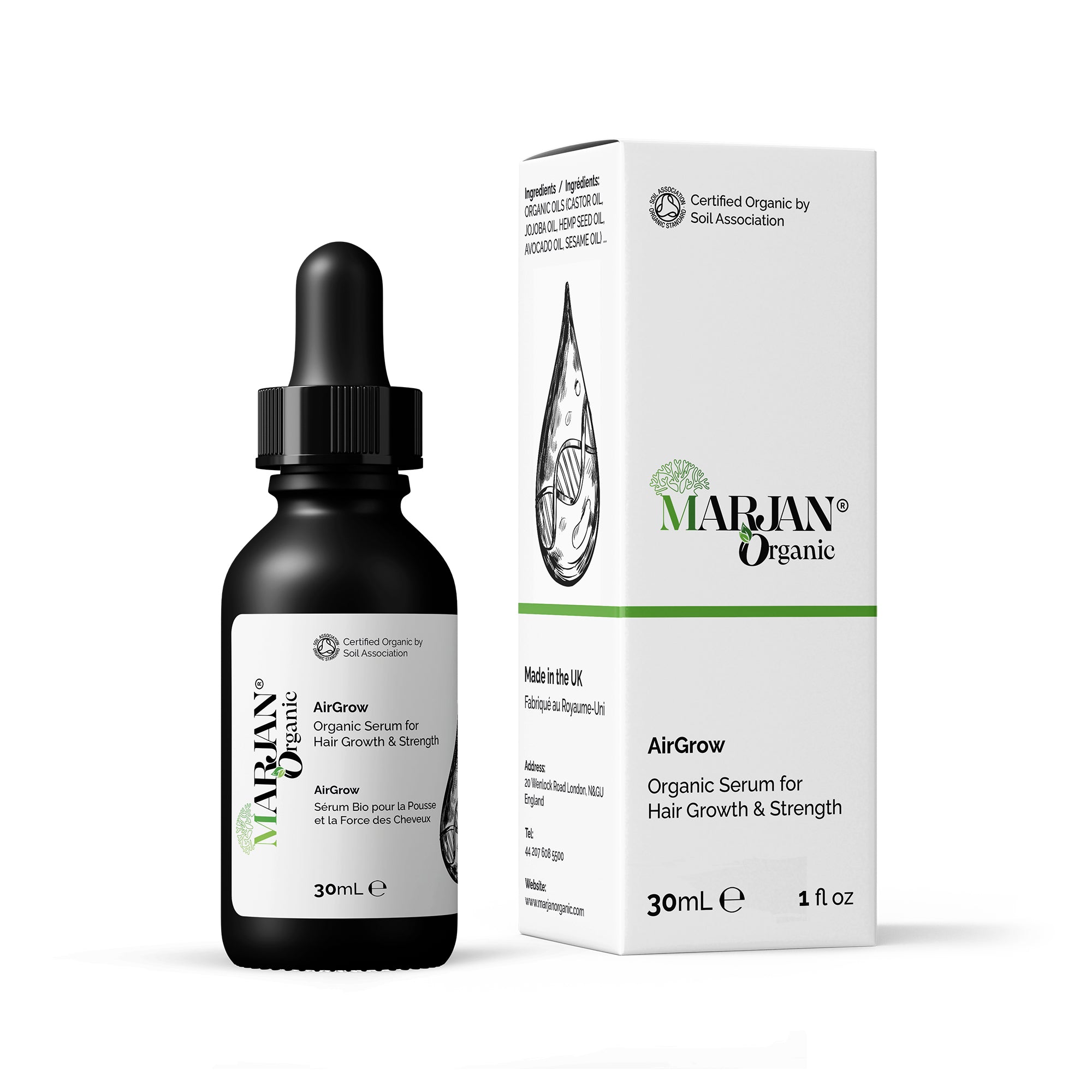 Marian Organic AirGrow organic serum for hair growth and strength with dropper bottle and packaging on a white background.