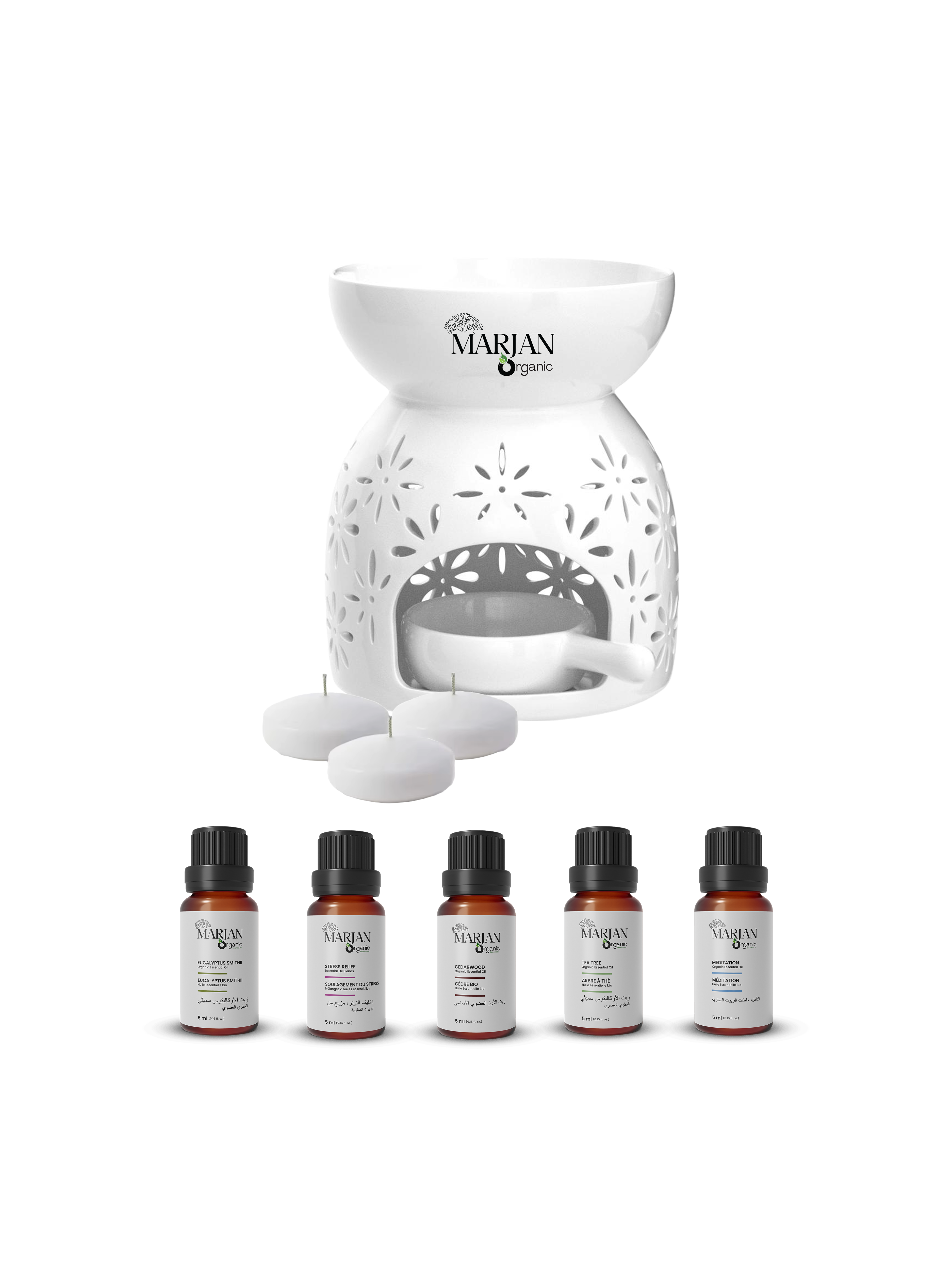 Gift Set Aromatherapy – Ceramic Diffuser + 5 Oils & Tea Candles