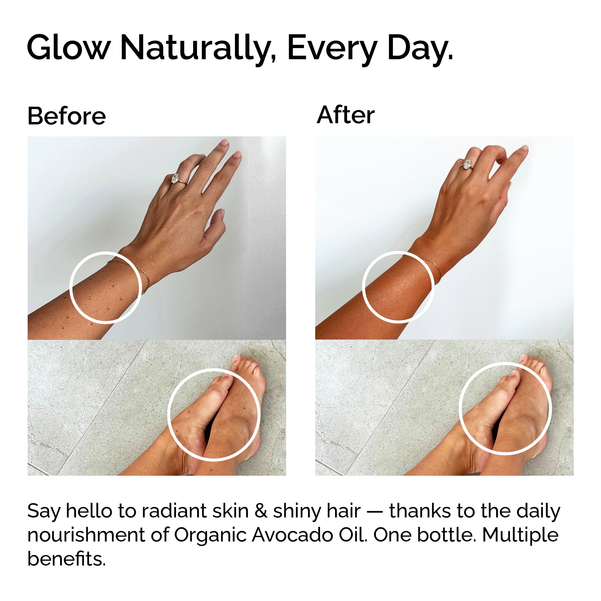 Before and after comparison of skin and hair with organic avocado oil, showing glowing skin and shiny hair.