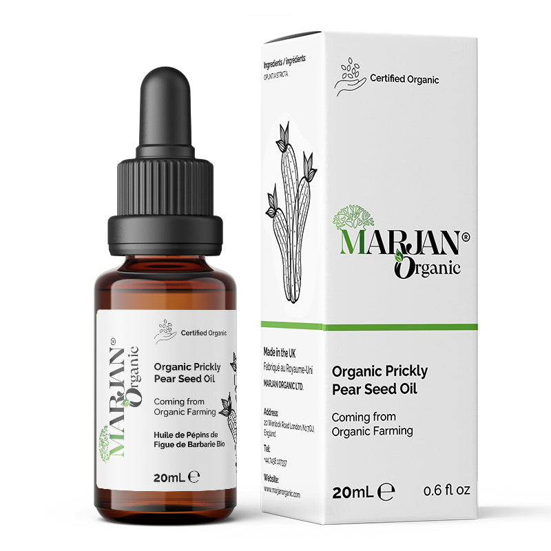 Marjan Organic Prickly Pear Seed Oil bottle and packaging on a white background