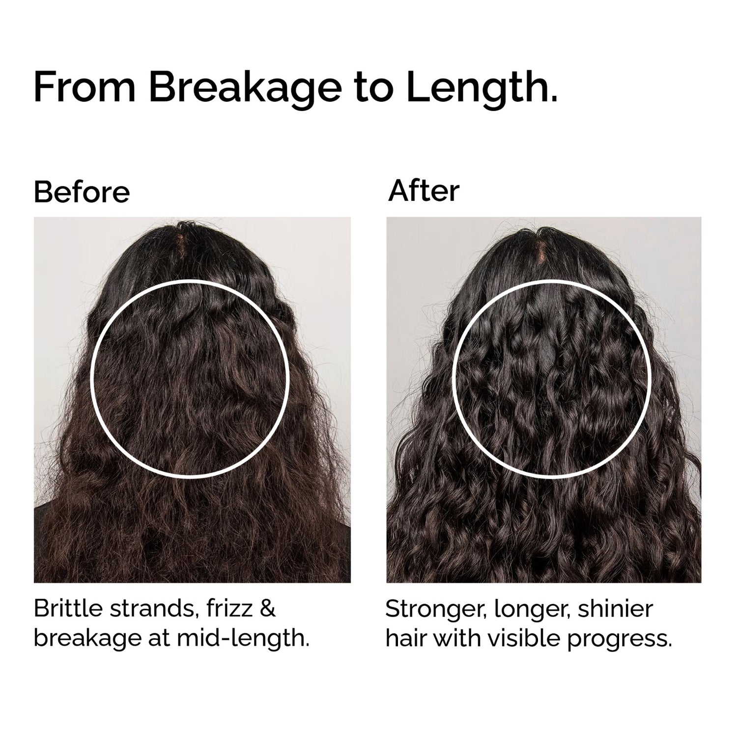 Before and after comparison of hair strands with text indicating improvement from breakage to length.