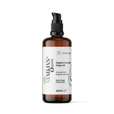 Bottle of organic avocado virgin oil with a white label on a white background