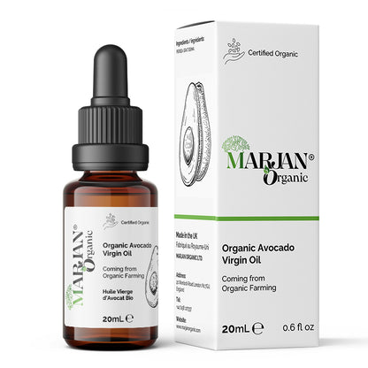 Marjan Organic avocado virgin oil bottle and packaging on a white background