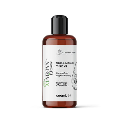 Bottle of organic avocado virgin oil on a white background