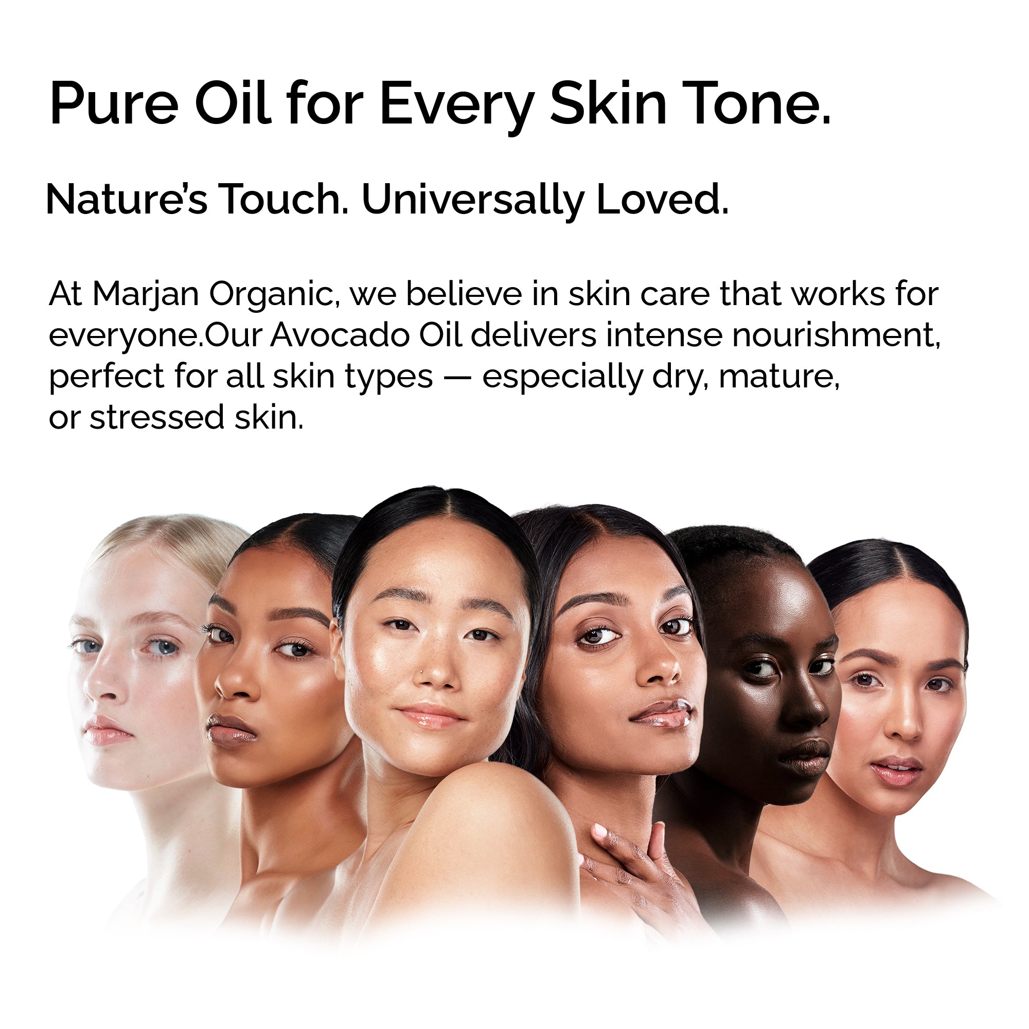 Promotional image for Marjan Organic Avocado Oil with diverse skin tones.