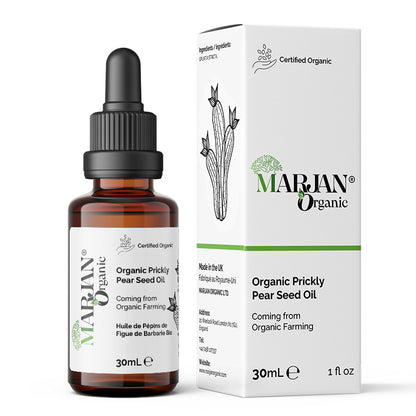 Marjan Organic Prickly Pear Seed Oil bottle and packaging on a white background