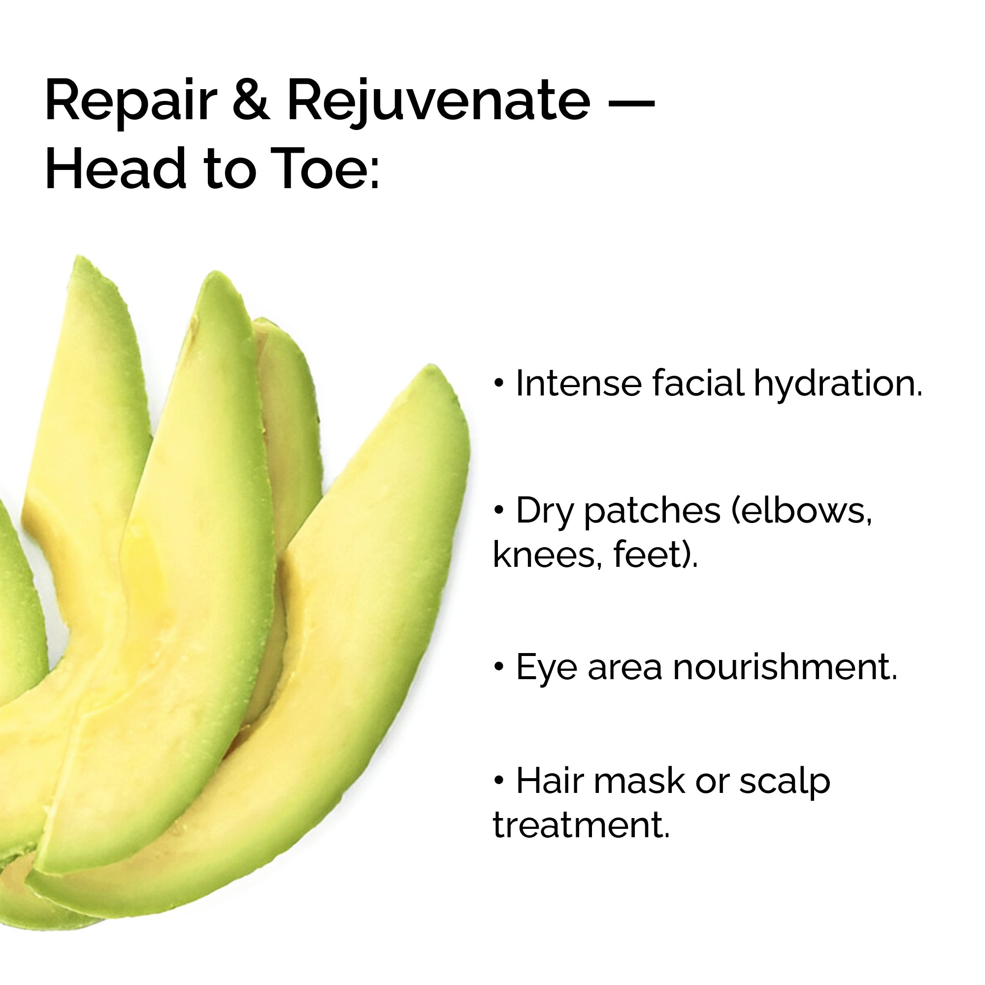Avocado slices with text about skincare benefits on a white background