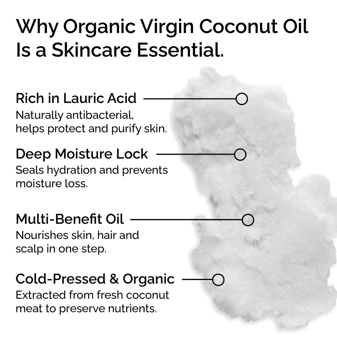 Organic Virgin Coconut Oil. Cold-pressed. Deep moisture for skin, hair &amp; massage